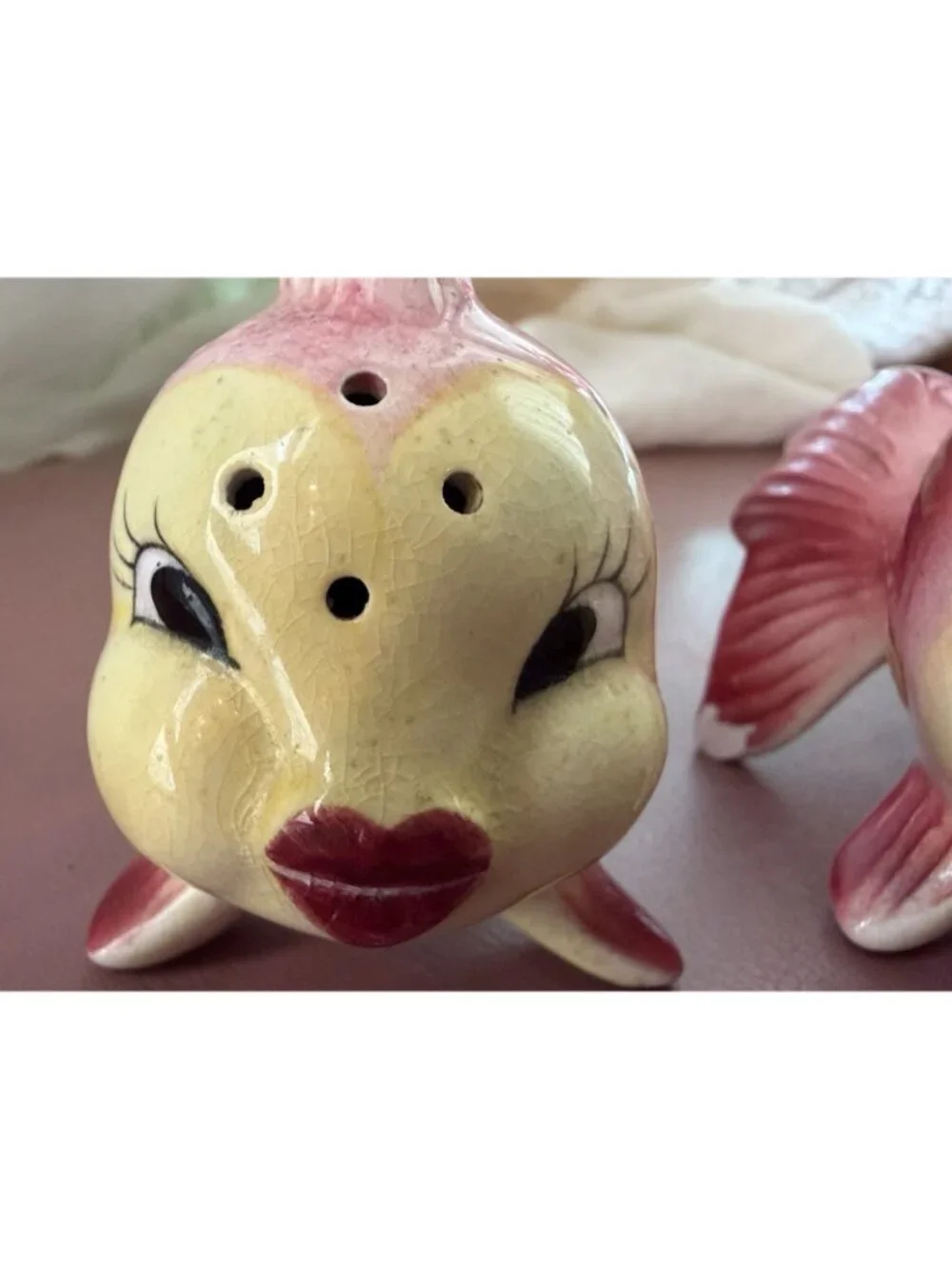 Vintage Japan Ceramic Anthropomorphic Gold Fish Salt Pepper Shakers Mid Century
